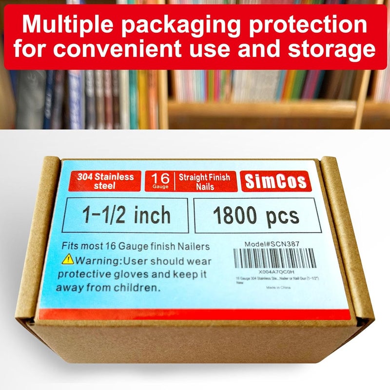 SimCos 16 Gauge 304 Stainless Steel Straight Finish Nails, Assorted Size Project Pack for Pneumatic, Electric Finish Nailer or Nail Gun (1-1/2") - Image 5